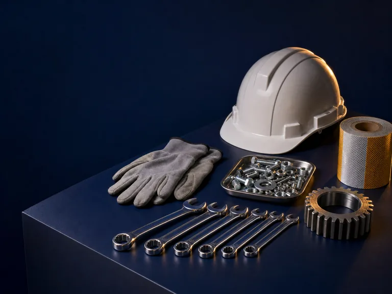 Example industrial supplies: a hard hat, work gloves, a tray of bolts and washers, spanners, a steel gear and safety tape.